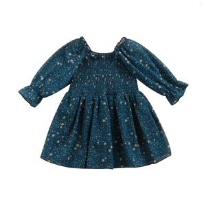 Meisjesjurken herfst mooie babymeisjes prinses jurk outfits 0-3y ster geprinte ruches lange puff mouw uit schouder A-lijn