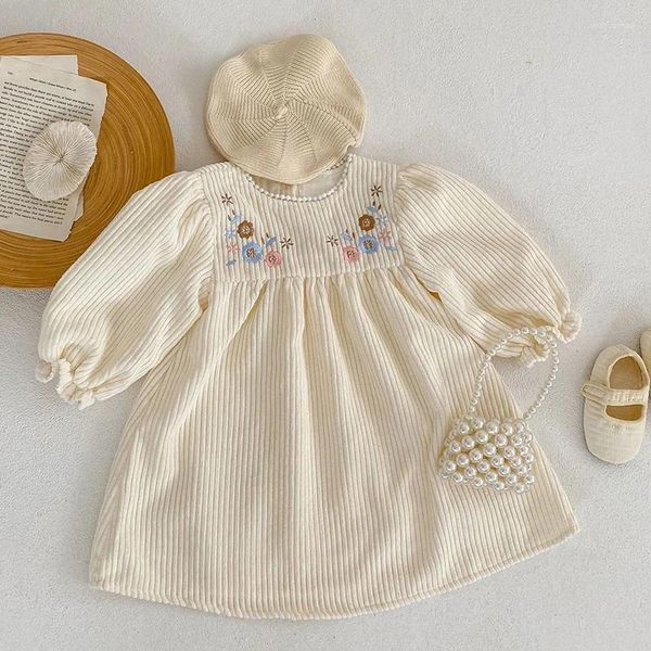 Robes d'automne et de printemps pour filles, tenue de soirée en velours côtelé, Style européen et américain, broderie de fleurs, vêtements de princesse pour enfants