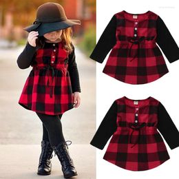 Meisjesjurken herfst peuter kinderen babymeisjes plaid shirt jurk jurk met lange mouwen knop veterkleding tutu rood