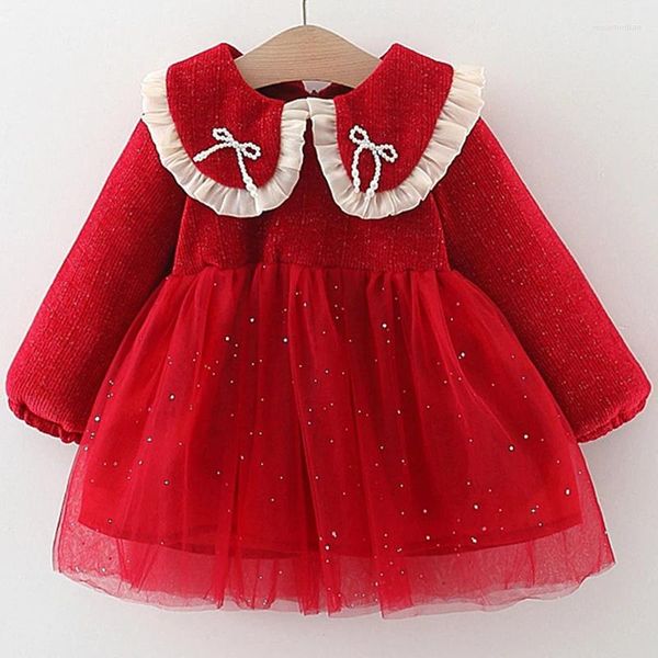 Vestidos de niña Otoño Invierno ropa para niños pequeños coreanos lindo cuello de muñeca lazo malla polar cálido grueso rojo vestido de cumpleaños bebé BC1025