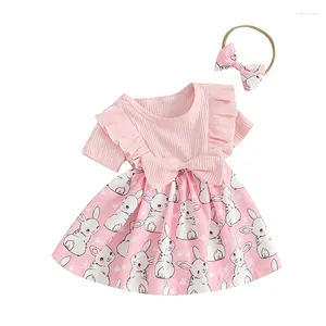 Vestidos de niña, conjunto de 2 piezas para bebé, cuello redondo, manga corta, vestido mameluco con estampado, diadema con lazo 3D, trajes de Pascua para niños pequeños