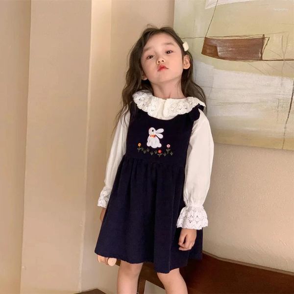 Vestidos de niña bebé otoño niños ropa coreana camiseta blanca Top bordado chaleco sin mangas vestido azul marino traje para Eid