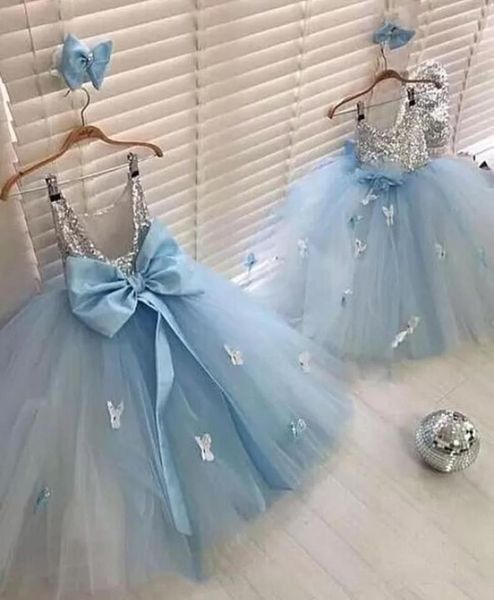 Fille Robes Bébé Bleu Filles Pour La Fête D'anniversaire 2023 Argent Paillettes Top Tutu Jupe 3D Floral Enfants De Bal Robes De Bal