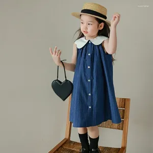 Robes de fille bébé robe décontractée sans manches bleu blancs robes d'été rayées cols marine minces hremptants vêtements vêtements enfants costume 3-8y