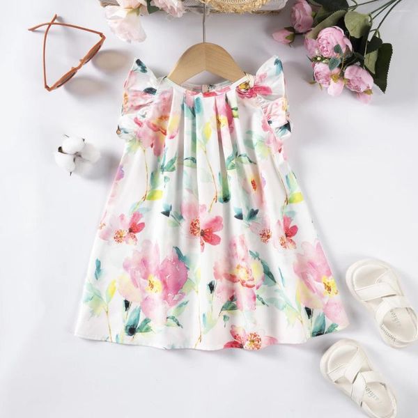 Vestidos de niña Patrón de flores informales para niños ropa de verano de verano Vestido con llaves Librillado Venta directa plisada