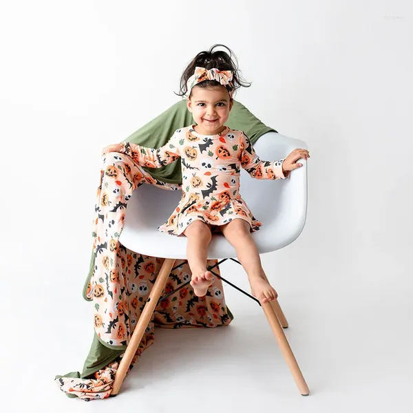 Robes une pièce pour filles de 4 à 6 ans, vêtements pour bébés, manches longues, imprimé citrouille chauve-souris, Halloween