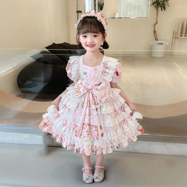 Robes de fille Vêtements pour bébés Espagnol Vintage Lolita Princesse Robe de bal en dentelle avec nœud imprimé Design Fête d'anniversaire de Pâques pour les filles A2334