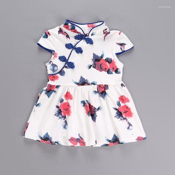 Fille robes bébé coton vêtements bleu princesse chinois pinceau dessin Cheongsam col Pan bouton genou longueur robe