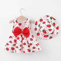 Vestidos para niña, vestido para bebé, verano 2024, lazo para niña, estampado de fresa para niños, sombrero informal pequeño y fresco