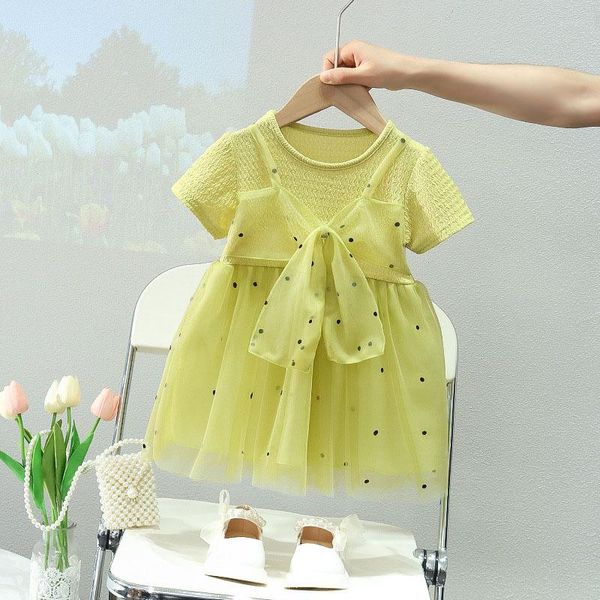 Robes de fille bébé robe pour enfants filles vêtements d'été 1-4 ans enfant en bas âge princesse à pois maille tulle patchwork décontracté rose/vert