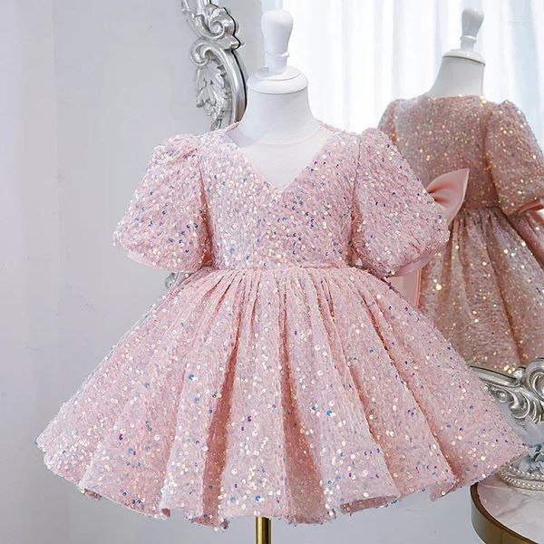 Robes de fille robe de bébé enfants Boutique vêtements princesse couleur unie doux belle anniversaire fée col en V à manches courtes Bowknot paillettes