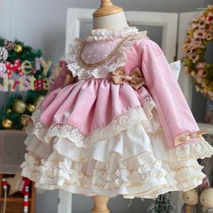 Meisje jurken babyjurk vintage roze kanten Spaanse pompom baljurk prinses lolita lange mouw kerst verjaardagskostuum