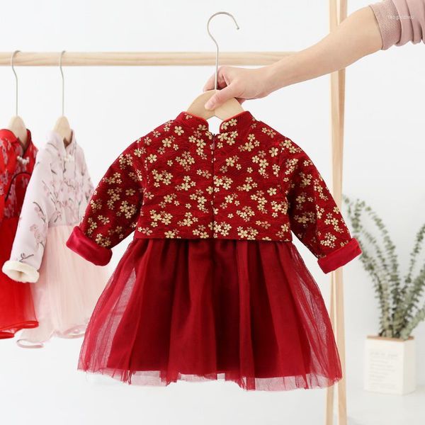 Vestidos de niña Vestido de bebé Ropa de año Cheongsam tradicional de manga larga Niños Niñas Ropa de flores Qipao de terciopelo chino