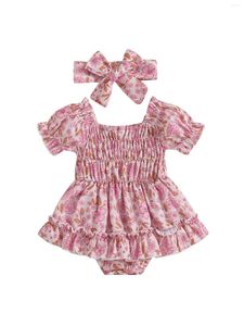 Robes pour fille Barboteuse à imprimé floral pour bébé avec ourlet de jupe à volants et bandeau assorti - Adorable tenue Born pour les occasions spéciales