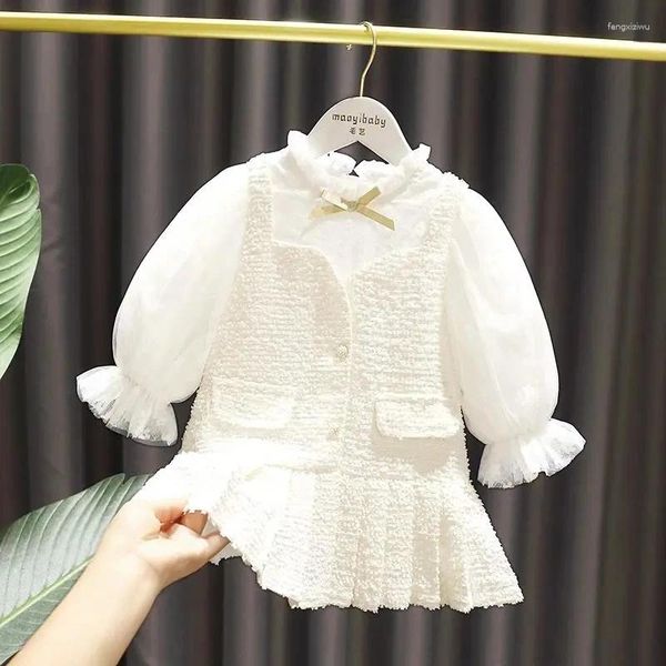 Vestidos de niña, conjunto de vestido para niña, manga larga para niños, ropa pequeña de princesa de dos piezas falsa, primavera y otoño