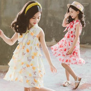 Meisjesjurken babymeisjes Boheemse jurk 2023 zomer tieners prinses mesh mouwloos strand roze en geel 5 6 8 12 9 10 11 jaar