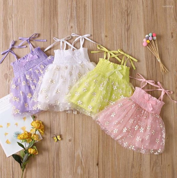 Robes de fille bébé filles robe de princesse décontractée motif imprimé fleuri col bateau cravate Slip Bowknot Tulle anniversaire