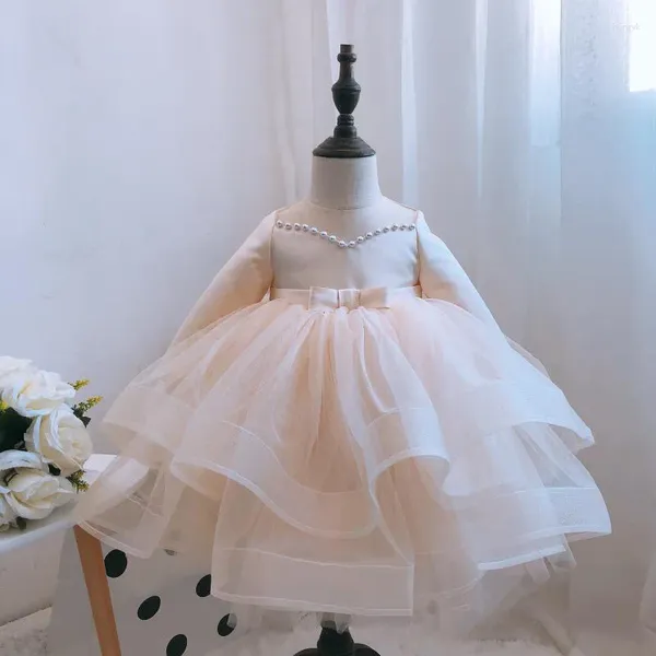 Vestidos de niña para niñas, traje de fiesta de princesa para bautismo, Navidad, encaje champán, manga larga, vestido de boda de cumpleaños de 1 año