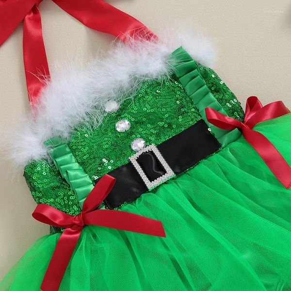 Vestidos de niña, mameluco de Navidad para niñas, vestido con lazo, cuello Halter, mono de tul, mono sin mangas con lentejuelas, fiesta