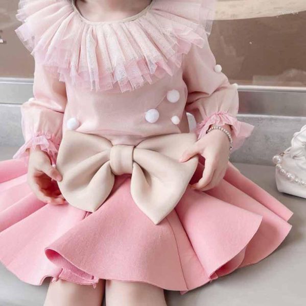 Fille Robes Bébé Filles Mignon Maille Volants Col Haut Grand Arc Robe Plissée 2pc Ensembles Vêtements Enfants Enfants Fête D'anniversaire Dinne Princesse