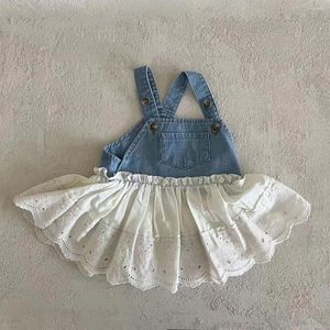 Meisje Jurken Baby Meisjes Jurk 2023 Lente Zomer Koreaanse Kinderen Peuter Kant Denim Patchwork Riem Rok Prinses Baby Kleding