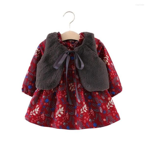 Vestidos para niñas, vestido para niñas, Otoño e Invierno, terciopelo grueso, manga larga, chaleco de piel gris, 2 piezas, pieza de princesa para niños