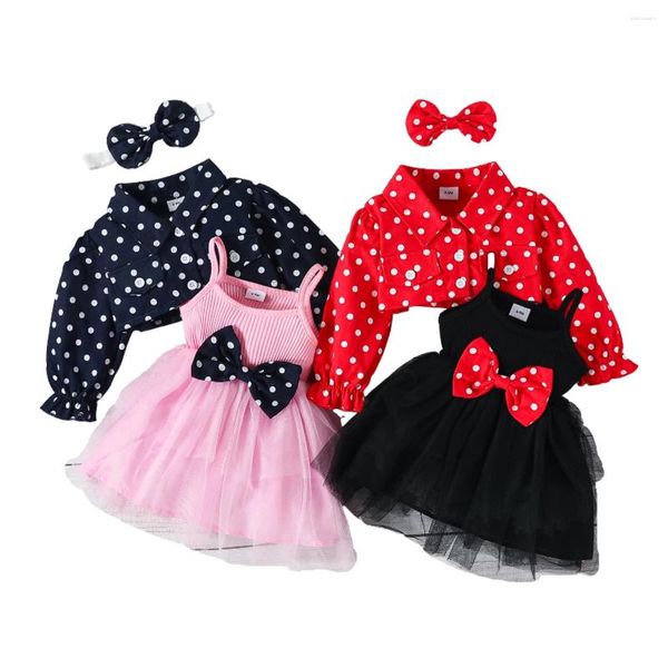 Vestidos para niñas, conjuntos de vestidos para niñas, primavera y otoño, chaqueta de manga larga con lunares, traje con lazo y tutú con tirantes, fiesta para niños pequeños