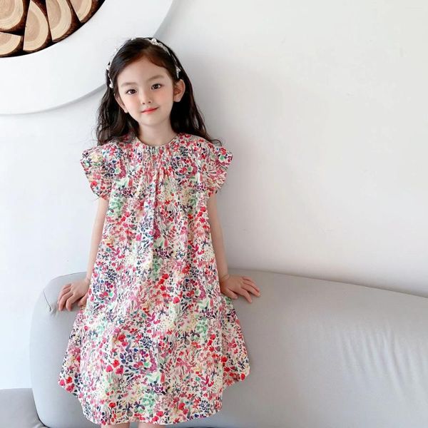 Vestidos para niñas Vestido para niñas pequeñas Mangas voladoras Ropa de algodón con estampado floral pintada a mano