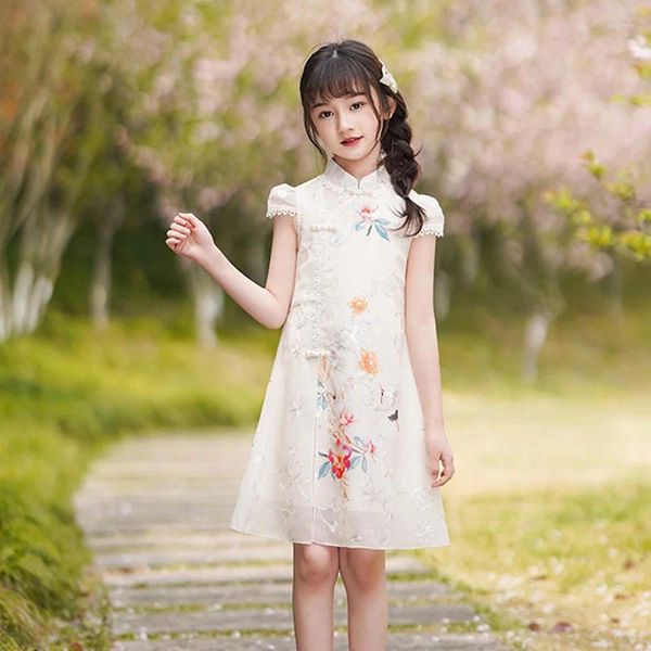 Robes d'été en mousseline de soie pour petites filles, Style chinois amélioré, fleur Cheongsam, fil de princesse Hanfu