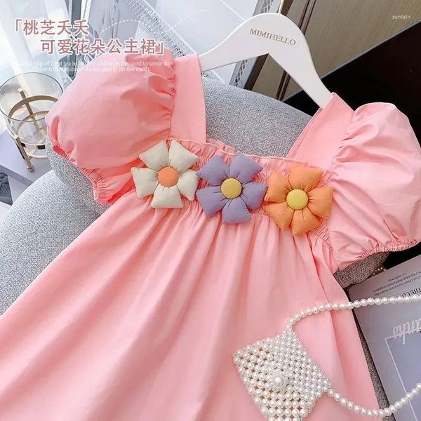 Robes de fille bébé filles robe d'été rose mignon coupe ajustée manches bouffantes princesse élégante avec des fleurs vêtements de fête d'anniversaire 1-9 ans