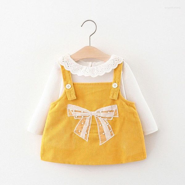 Vestidos de niña, Vestido para niñas pequeñas, lindo lazo, 1er cumpleaños, Vestido de otoño, camiseta blanca infantil y tirantes, traje de 2 uds.