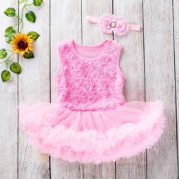 Fille Robes Bébé Filles Robe De Soirée Costume Couleur Unie Col Rond Sans Manches Rose Barboteuse Fleur Bandeau Bulle Tulle Jupe D'été