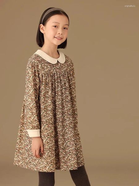 Vestidos de niña, vestido de princesa Floral para niñas, primavera Otoño, estilo coreano, manga larga, cuello vuelto grande, algodón Retro para niños