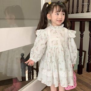 Robes pour petites filles, tenue décontractée en coton et lin, à fleurs, manches évasées, tenue de printemps et d'automne en dentelle Preppy à carreaux pour enfants