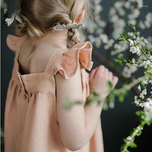 Vestidos de niña bebé niñas verde claro rosa Lino algodón pétalo manga lindo corto para 2023 verano niños pequeños vestido de un solo botón