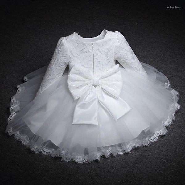 Vestidos de niña de manga larga para fiesta de Navidad, boda, encaje, lazo grande, vestido de bautismo blanco de princesa para 1er cumpleaños