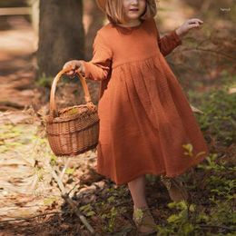 Fille robes bébé filles mousseline manches longues bouton princesse vestidos longuette enfants coton lin costume vestime d'automne