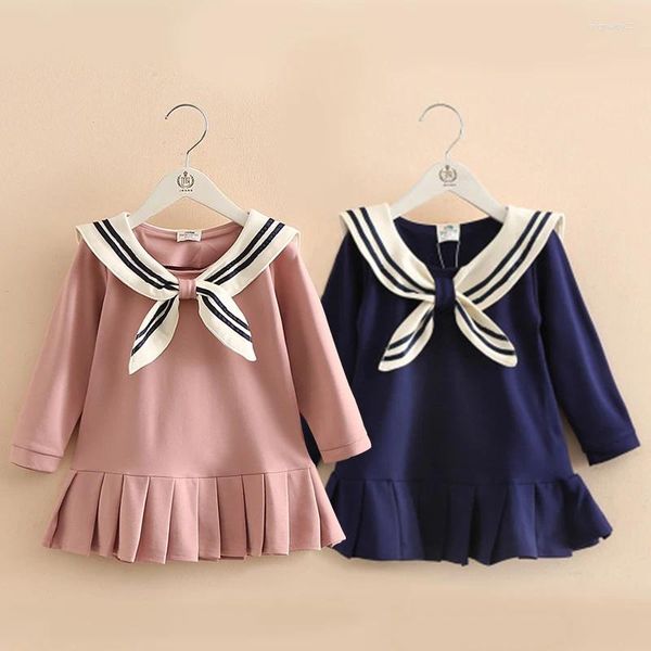 Robes pour petites filles, tenue coupe vent bleu marine, printemps-automne, vêtements plissés mignons pour petits enfants, Style Preppy, manches longues, princesse B214