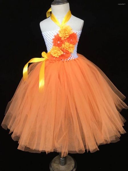 Fille robe bébé filles orange fleur tutu robe enfants crochet tulle robe de bal avec un arc ruban et un bandeau