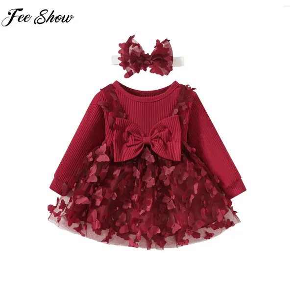 Robes de fille robe de fête de bébé fille à manches longues en coton doux coton mignon bowknot meesh tulle tutu avec bandeau de la Saint-Valentin