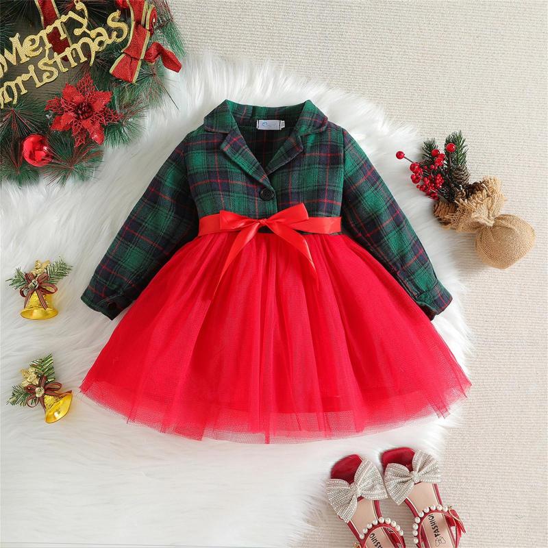 Girl Dresses Baby Girls Party Gown Dress Kids Toddler Autumn Winter Long Sleeve Plaid Prints Bowknot Tulle Christmas Children Clothes