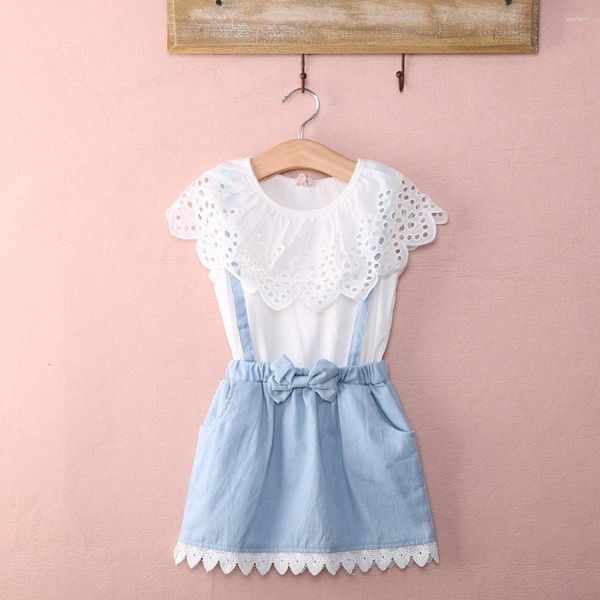 Vestidos de niña, vestido de retazos para niñas, camiseta de encaje blanco con falda de correa de lazo azul, vestido de verano de princesa para niños de 2 a 7 años