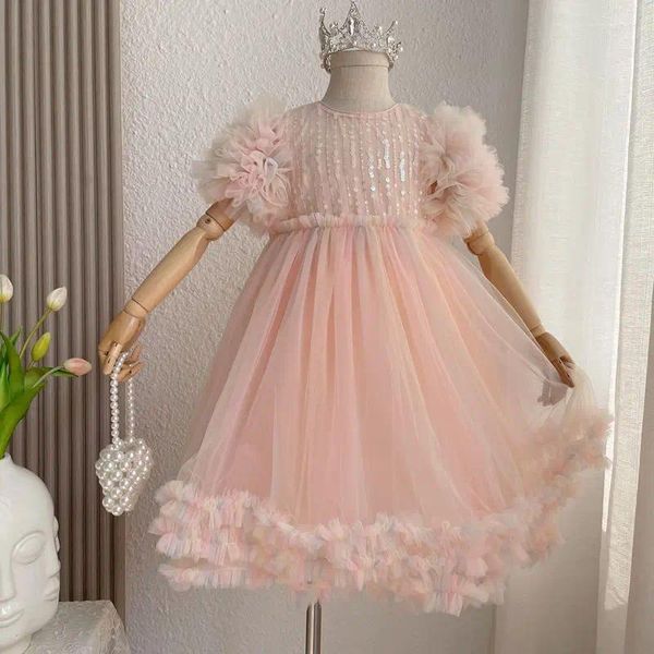 Robes de fille bébé filles rose robe de princesse 2024 été mode manches bouffantes paillettes tulle robe de bal enfants fête d'anniversaire Y299