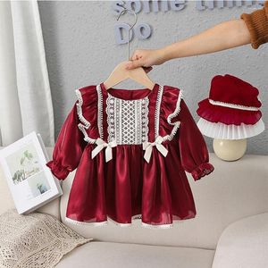 Robes de fille Bébé Filles Robe En Mousseline De Soie Rouge Patchwork Arc À Manches Longues Brillant A-ligne Printemps Robes Enfants Polyvalent Fête D'anniversaire Robes 1-4Y