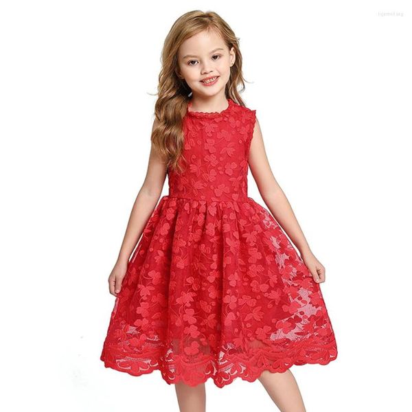 Vestidos de niña, vestido rojo para niñas, diseño de flores de encaje, fiesta de boda blanca para niños, ropa sin mangas, ropa de cumpleaños