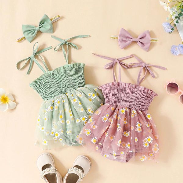 Vestidos de niña para niñas para niñas juego de spaghetti correas de espagua platada estampado de flores de tul de tul de tul de tul al vestido de línea con banda de diadema de Bowknot 0-18 meses