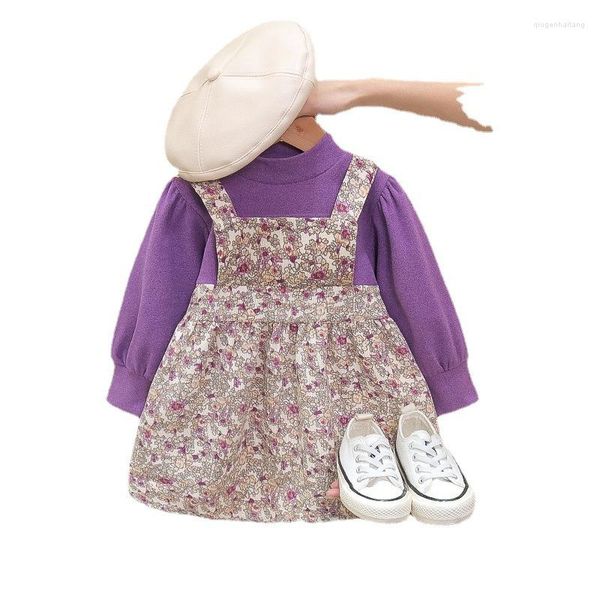 Vestidos de niña Bebé Niñas Primavera Otoño Estilo Floral Impreso Falso 2 piezas Vestido de tirantes Color púrpura suave Ropa de exterior para niños pequeños