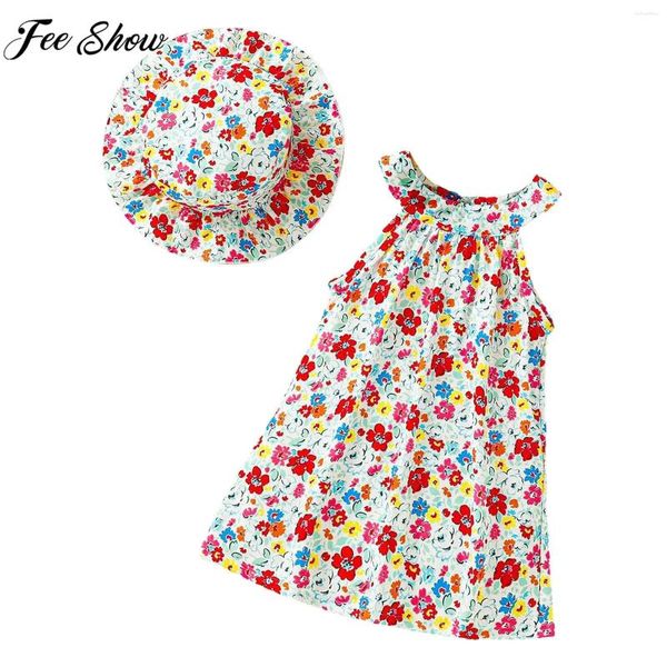 Robes de fille bébé filles d'été de plage décontractée robe sans manches sans manches licrette imprimé bohemien salon de soleil avec sunhat pour l'école usure quotidienne