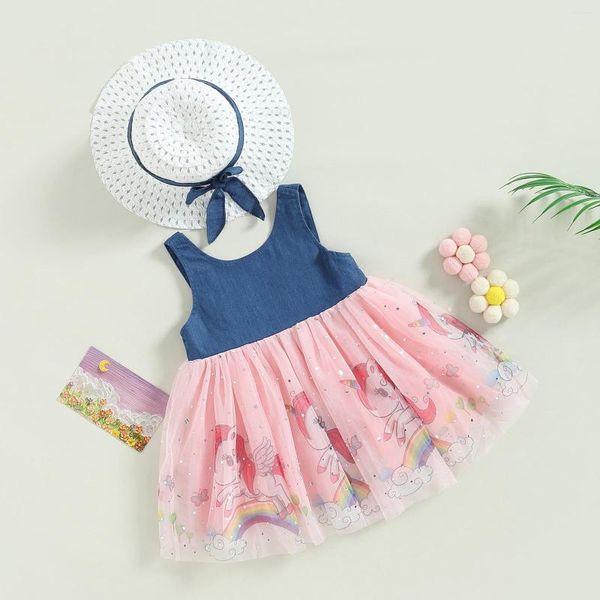 Fille robes bébé filles robe d'été décontracté dessin animé imprimé Animal sans manches maille et chapeau de soleil pour plage fête porter 2-7 ans