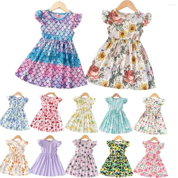 Robes de fille bébé filles robe d'été manches volantes fleur mignonne imprimé floral enfants princesse enfants fête robe d'été enfant en bas âge vêtements décontractés